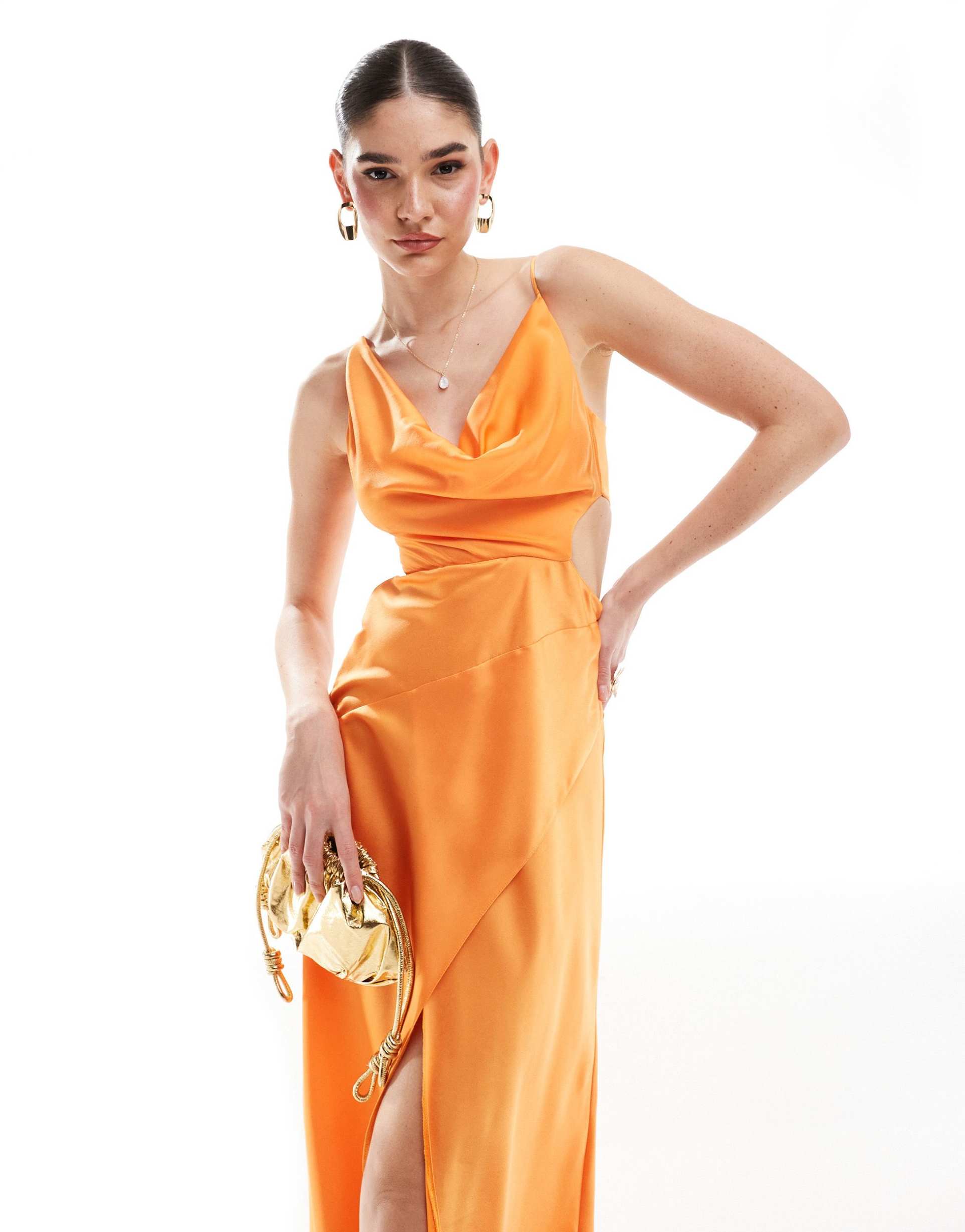 asos design satin cowl midaxi dress with cut out waist and graduated hem in orange