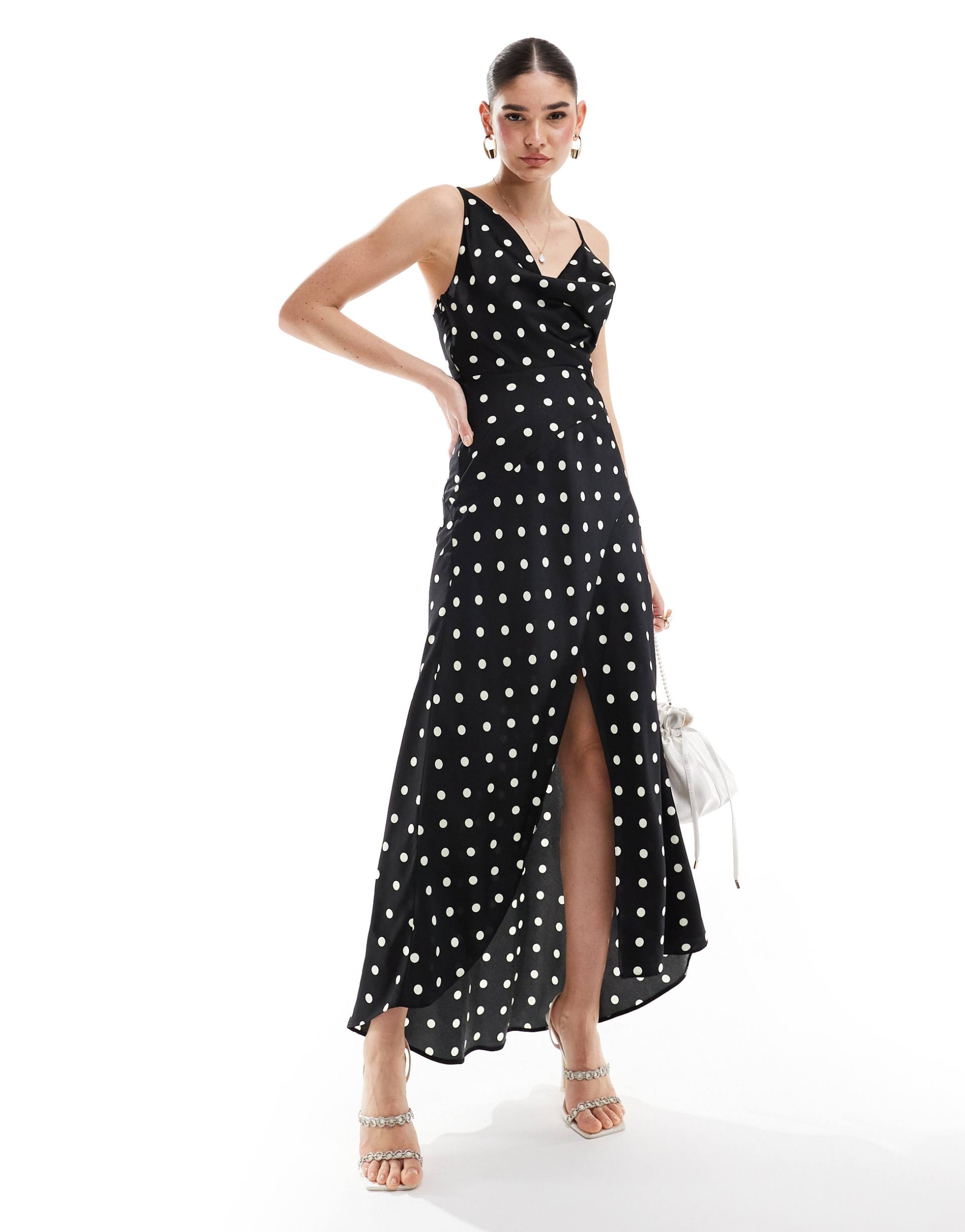 asos design satin cowl midaxi dress with cut out waist and graduated hem in polka dot