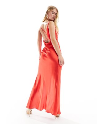 ASOS DESIGN satin cowl neck bias maxi dress with buckle detail and cut out  in red