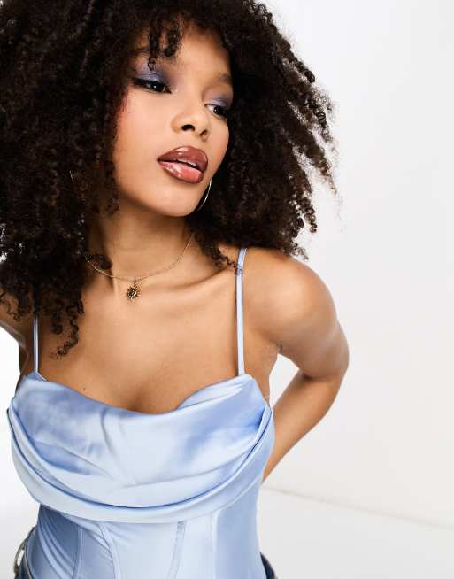 ASOS DESIGN satin cowl neck bodysuit with seam detail in baby blue