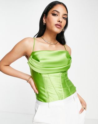 Shop Asos Design Satin Cowl Neck Corset Cami With Seam Detail In Jasmine Green