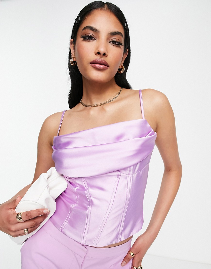 ASOS DESIGN satin cowl neck corset cami with seam detail in lilac-Purple