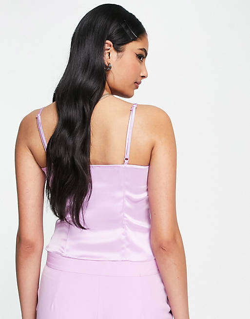 ASOS DESIGN satin cowl neck corset cami with seam detail in lilac