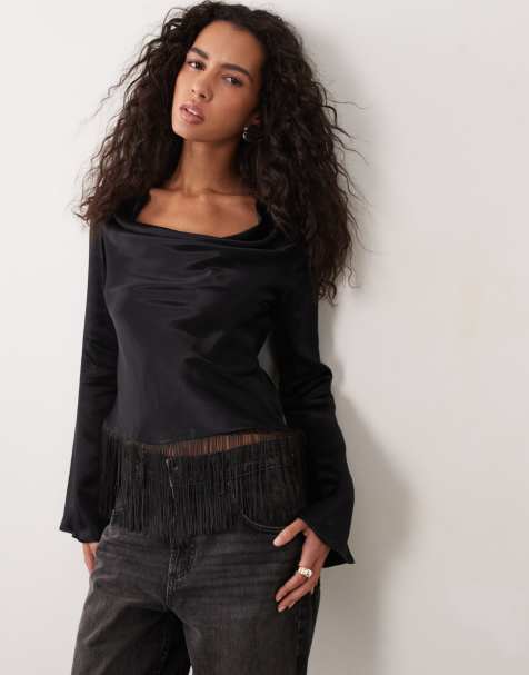 ASOS DESIGN satin cowl neck fringe long sleeve top