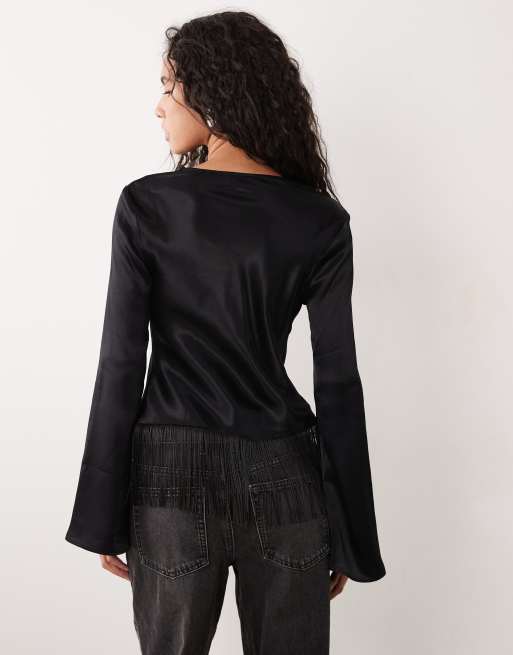 ASOS DESIGN satin cowl neck fringe long sleeve top, 2 of 4