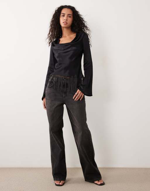 ASOS DESIGN satin cowl neck fringe long sleeve top, 3 of 4