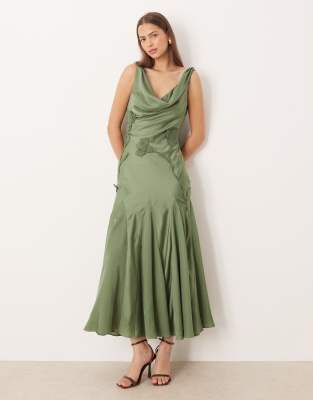 Asos Design Satin Cowl Neck Godet Maxi Dress With 3d Organza Florals In Green