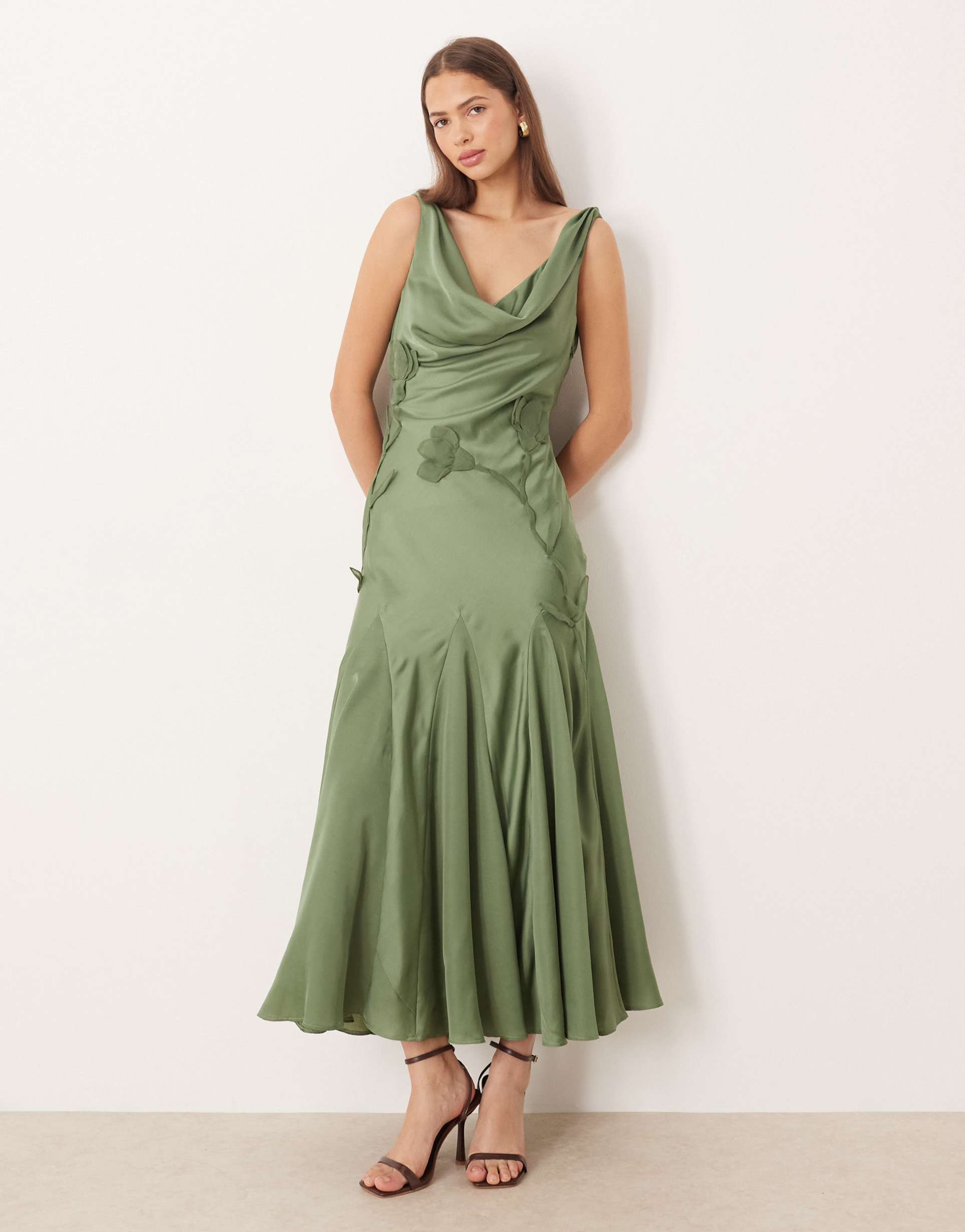 asos design satin cowl neck godet maxi dress with 3d organza florals in khaki green
