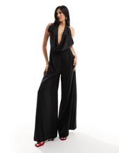 ASOS LUXE Curve satin corsage plunge neck wide leg jumpsuit in