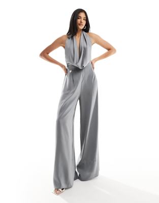 Shop ASOS DESIGN satin cowl neck halter jumpsuit in silver Online – Trendy & Affordable Fashion