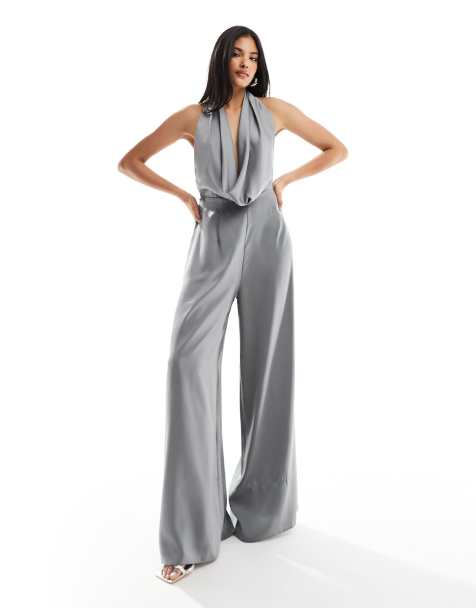 Stone Linen Look Pinstripe Plunge Halter Jumpsuit