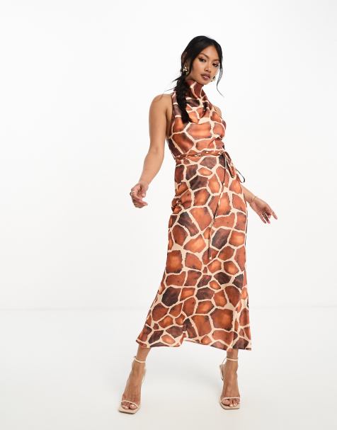ASOS DESIGN satin cowl neck halter midi dress with tie wrap waist in brown animal print - view 1