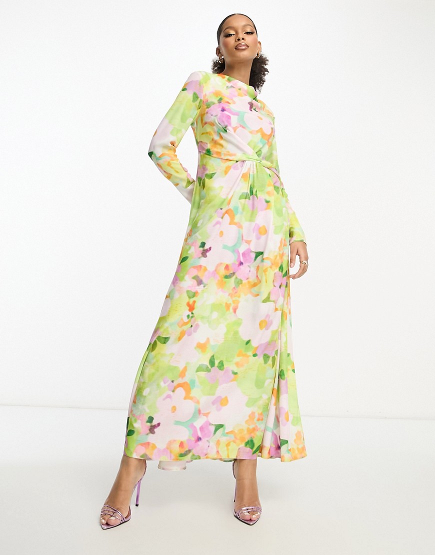 ASOS DESIGN satin cowl neck maxi dress with ruching detail in bright floral-Multi