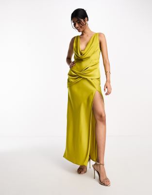 ASOS Design Satin Cowl Neck Maxi Dress with Ruching Detail in Gold