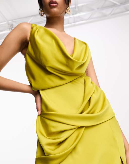 ASOS DESIGN satin cowl neck maxi dress with ruching detail in gold