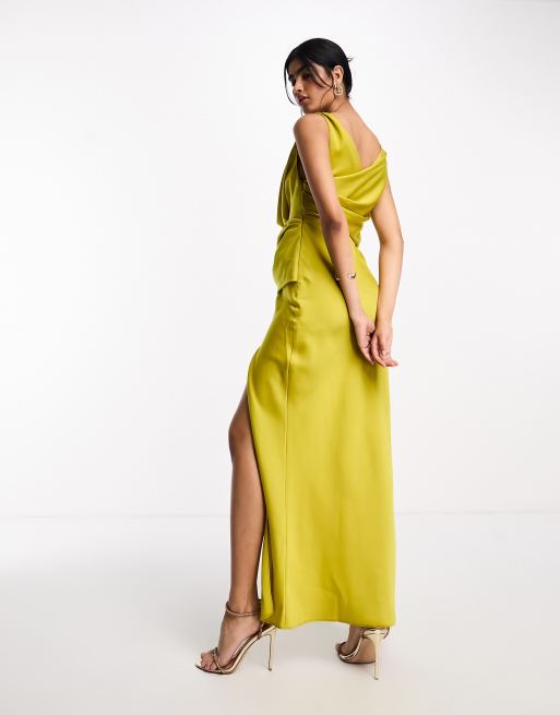 ASOS DESIGN satin cowl neck maxi dress with ruching detail in gold