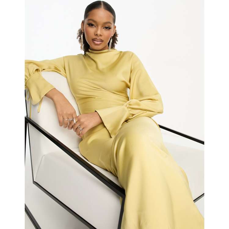 ASOS DESIGN satin cowl neck maxi dress with tie cuff detail in gold