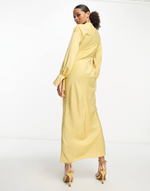 ASOS DESIGN satin cowl neck maxi dress with tie cuff detail in gold