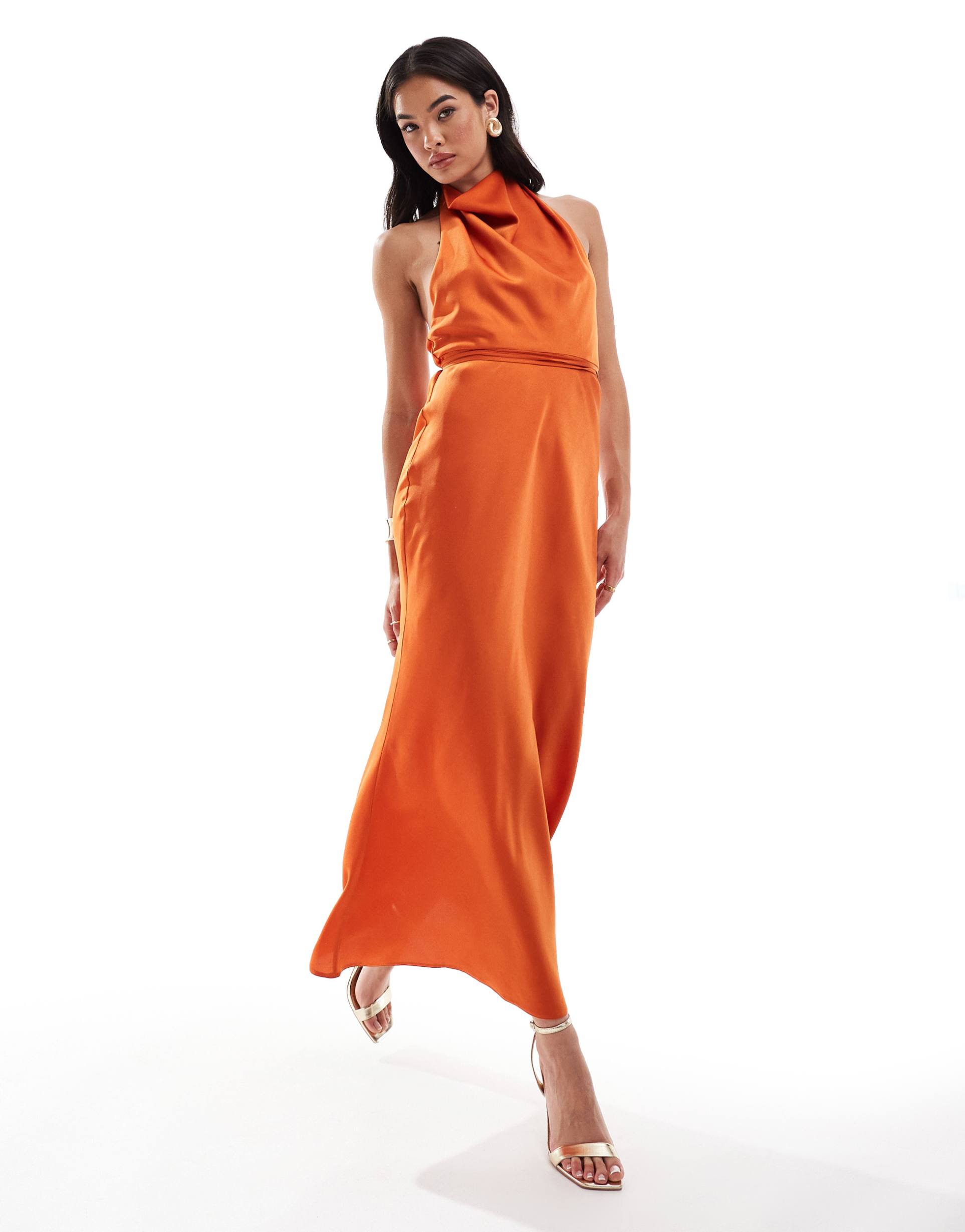 asos design satin cowl neck midaxi dress with tie waist in burnt orange