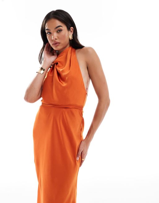 Asos Nobody’s Child shops Square Neck Satin Midi Cami Orange Tangerine Slip Dress Sz 8