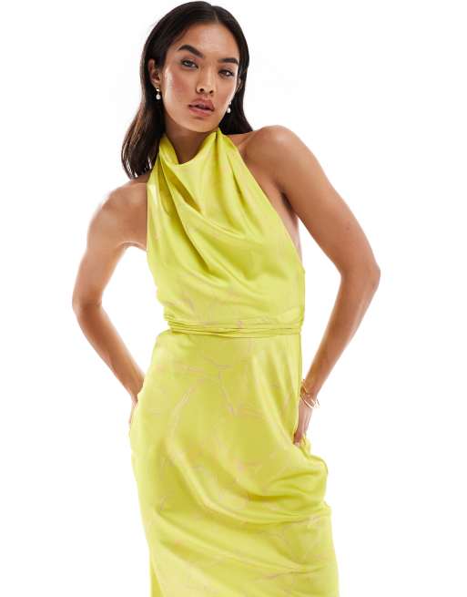 ASOS DESIGN satin cowl neck midaxi dress with tie waist in lime oversized floral print ASOS