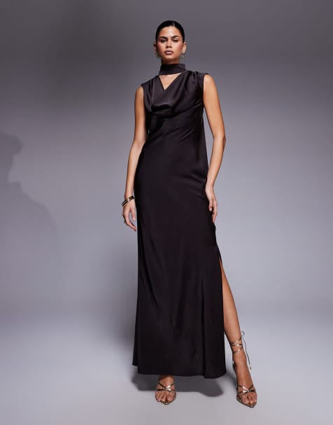 ASOS DESIGN satin cowl neck midi dress with scarf neck ties and twist back in dark chocolate - view 1