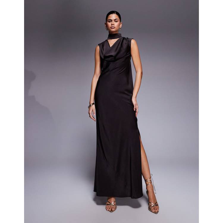 ASOS DESIGN satin cowl neck midi dress with scarf neck ties and twist back  in dark chocolate | ASOS