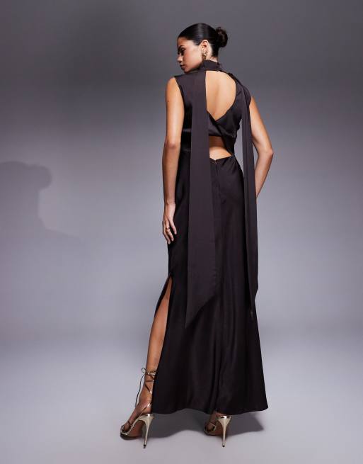ASOS DESIGN satin cowl neck midi dress with scarf neck ties and twist back in dark chocolate