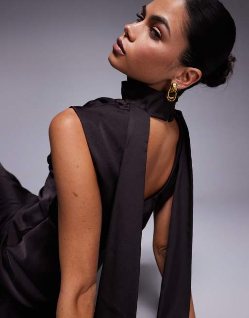 ASOS DESIGN satin cowl neck midi dress with scarf neck ties and twist back in dark chocolate