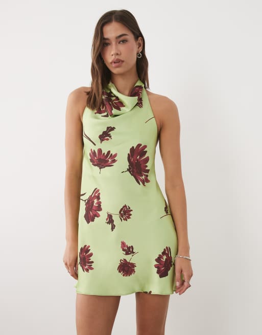 ASOS DESIGN satin cowl neck mini dress in green with floral, 2 of 4