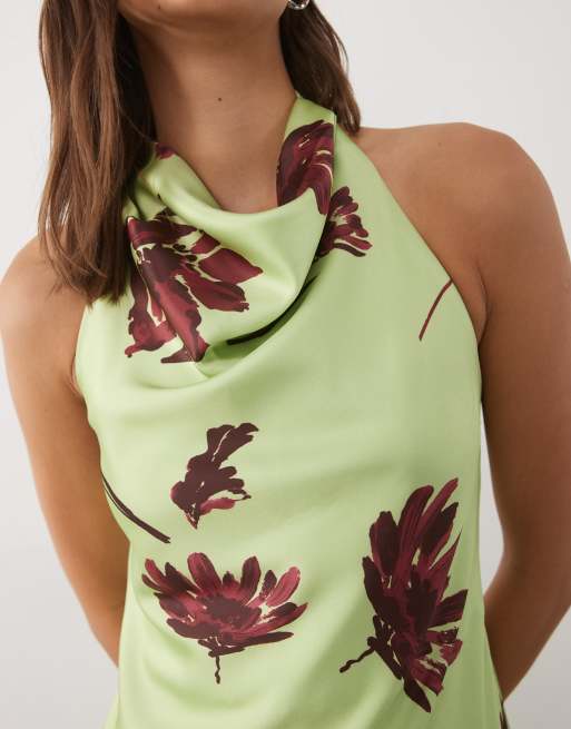 ASOS DESIGN satin cowl neck mini dress in green with floral, 3 of 4