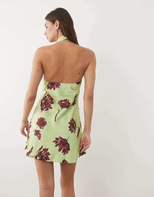 ASOS DESIGN satin cowl neck mini dress in green with floral, 4 of 4