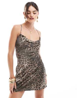 Asos Design Satin Cowl Neck Mini Dress In Leopard Print-brown