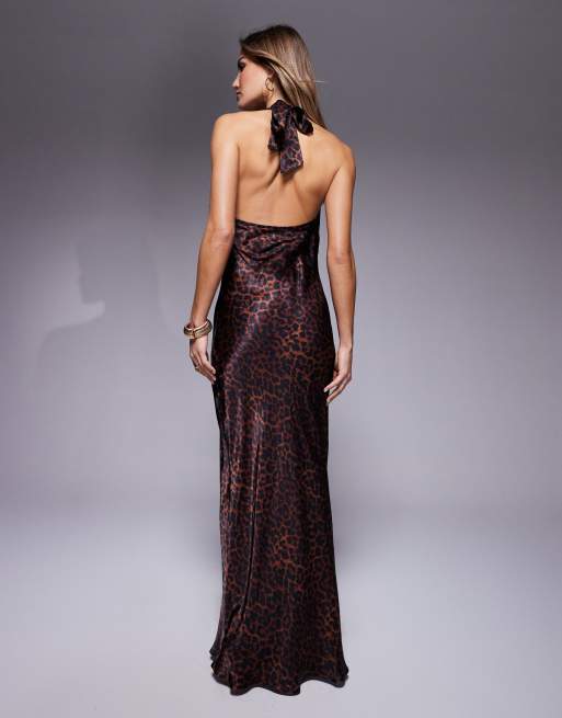 ASOS DESIGN satin cowl neck plunge halter maxi dress in leopard print