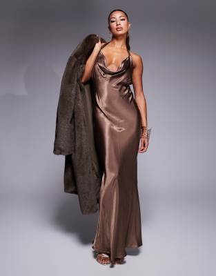 Asos Design Satin Cowl Neck Plunge Halter Maxi In Chocolate-brown