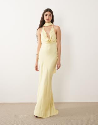 Asos Design Satin Cowl Neck Scarf Maxi Dress In Yellow