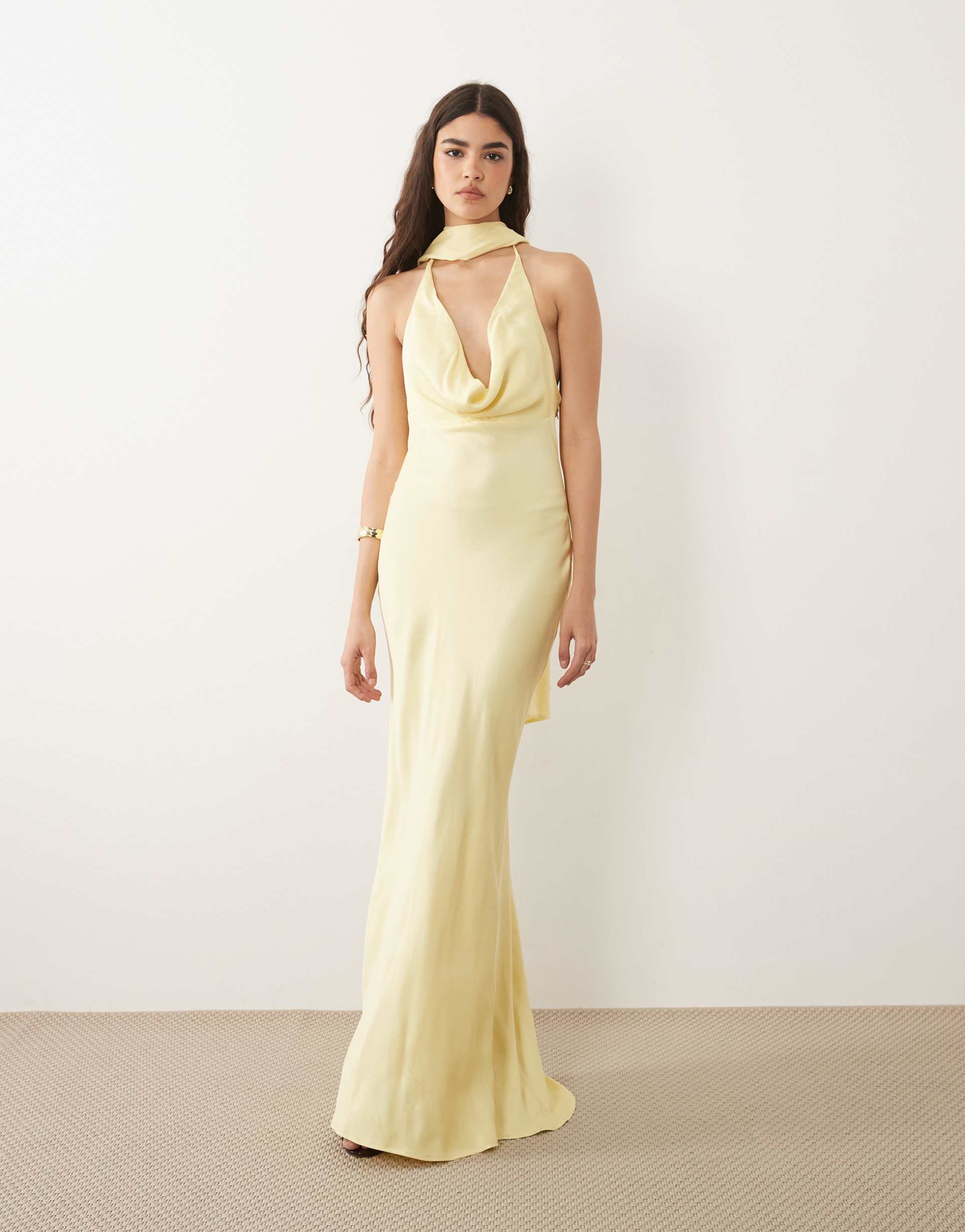 asos design satin cowl neck scarf maxi dress in buttermilk