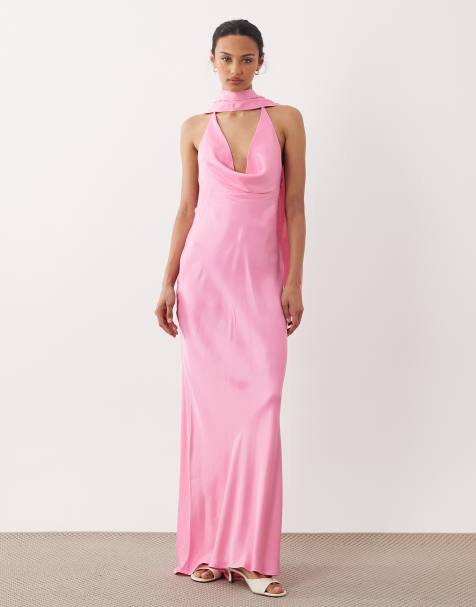 ASOS DESIGN satin cowl neck scarf maxi dress in pink - view 1