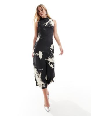 ASOS DESIGN satin cowl neck sleeveless midi dress in black floral