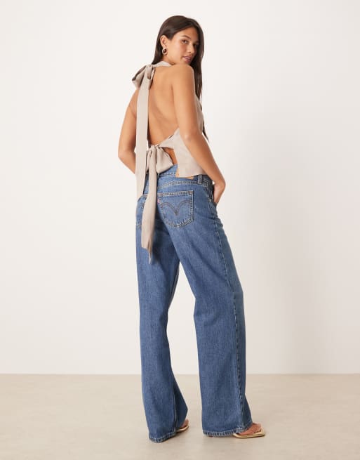 ASOS DESIGN satin cowl tie back top in mocha