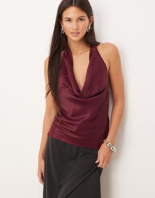 ASOS DESIGN satin cowl tie back top in plum-Purple