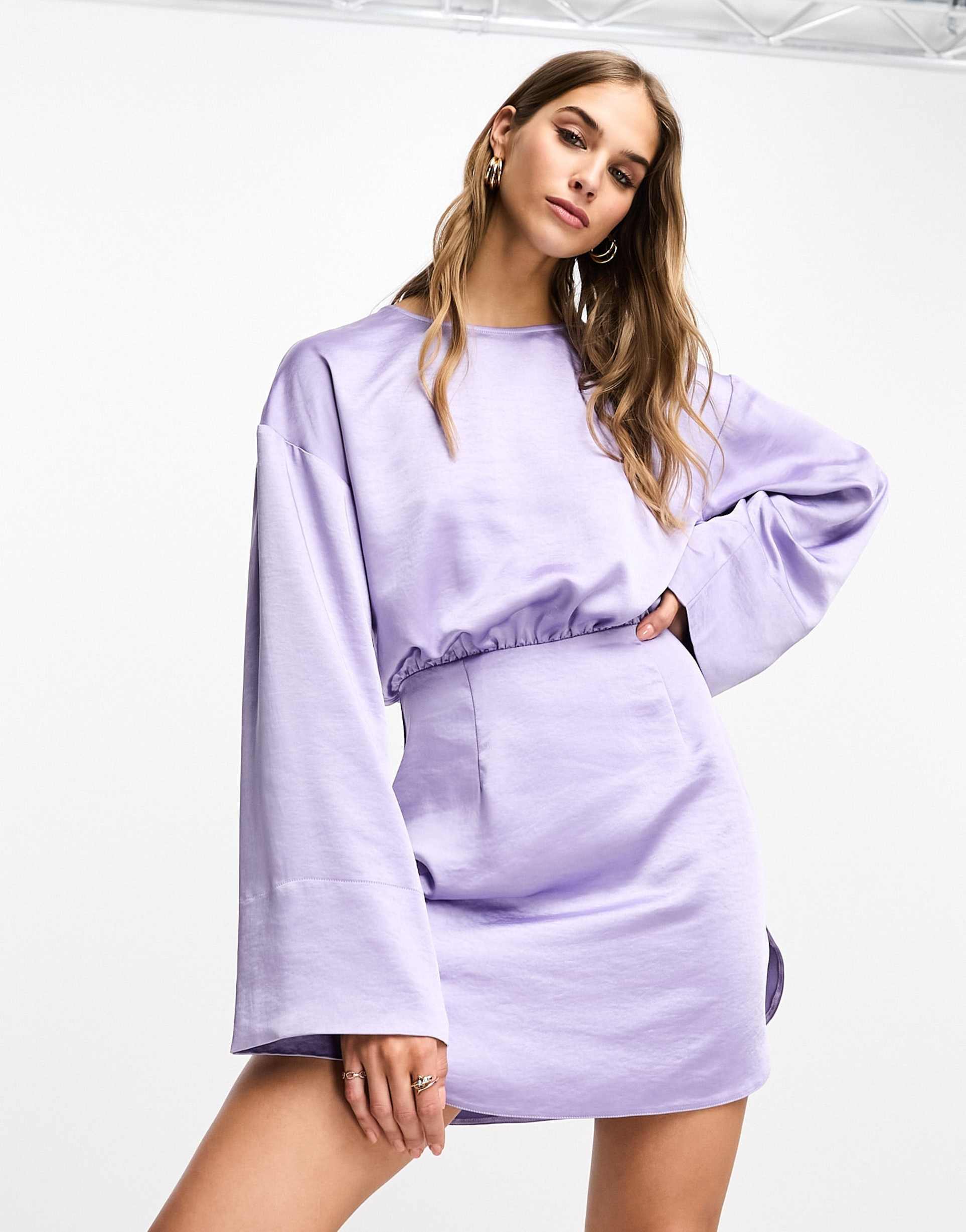 asos design satin crew neck mini dress with dolphin hem and deep cuffs in lilac