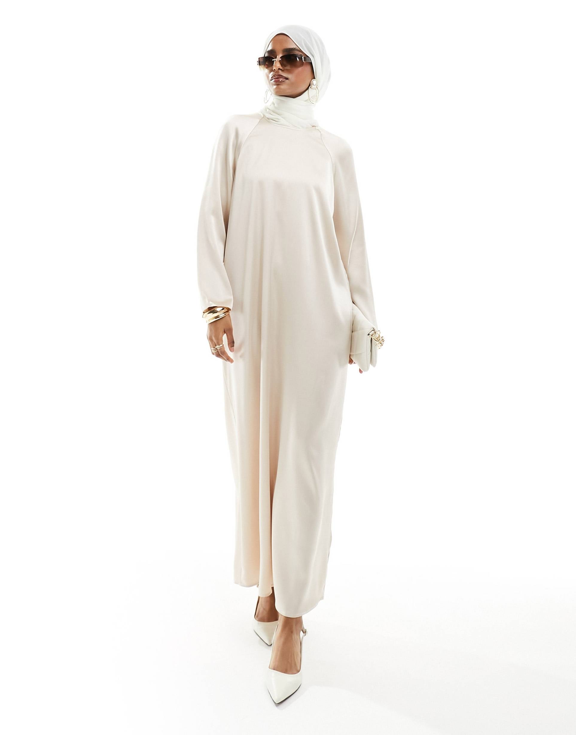 asos design satin crew neck oversized maxi dress in champagne