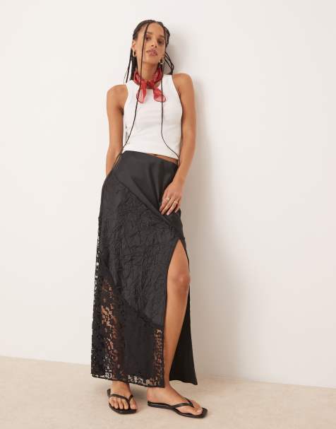 ASOS DESIGN satin crinkle and lace high slit maxi skirt in black - view 1