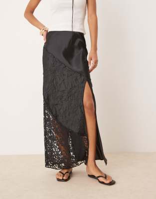 Asos Design Satin Crinkle And Lace High Slit Maxi Skirt In Black