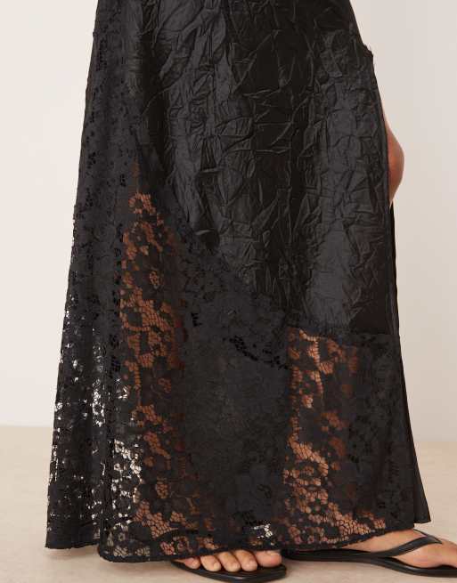 ASOS DESIGN satin crinkle and lace high slit maxi skirt in black, 3 of 5