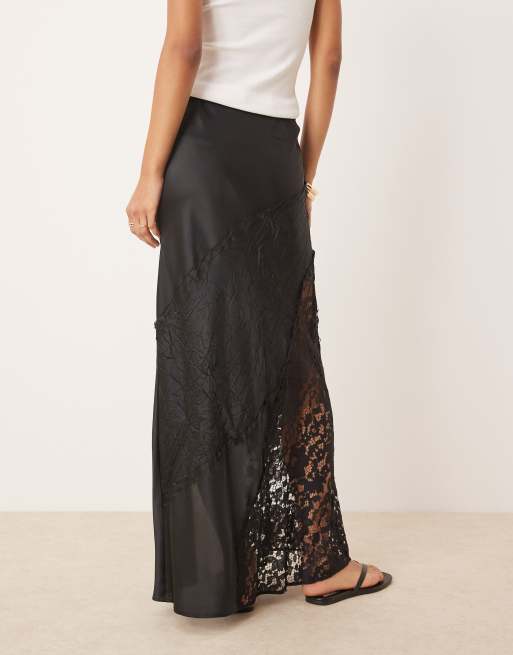 ASOS DESIGN satin crinkle and lace high slit maxi skirt in black, 5 of 5