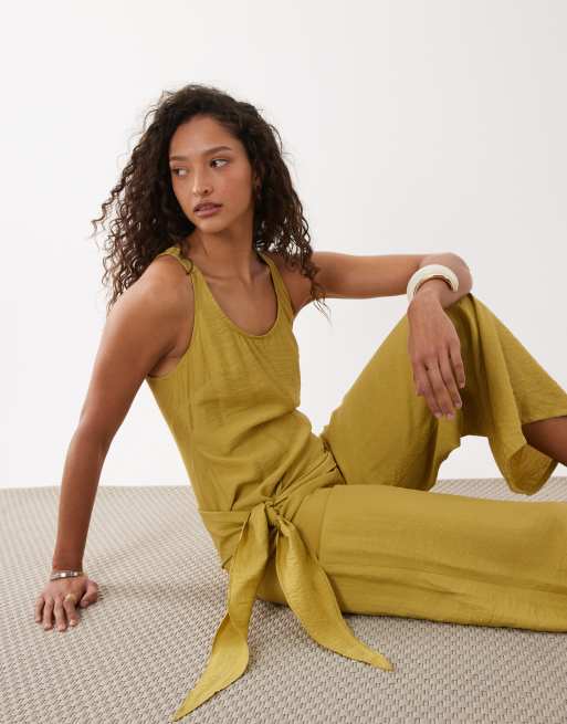 ASOS DESIGN satin crinkle jumpsuit with scarf waist detail in chartreuse, 2 of 4