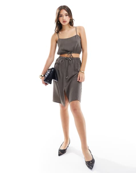 ASOS DESIGN satin crop cami with drawstring hem co-ord in dark green - view 1