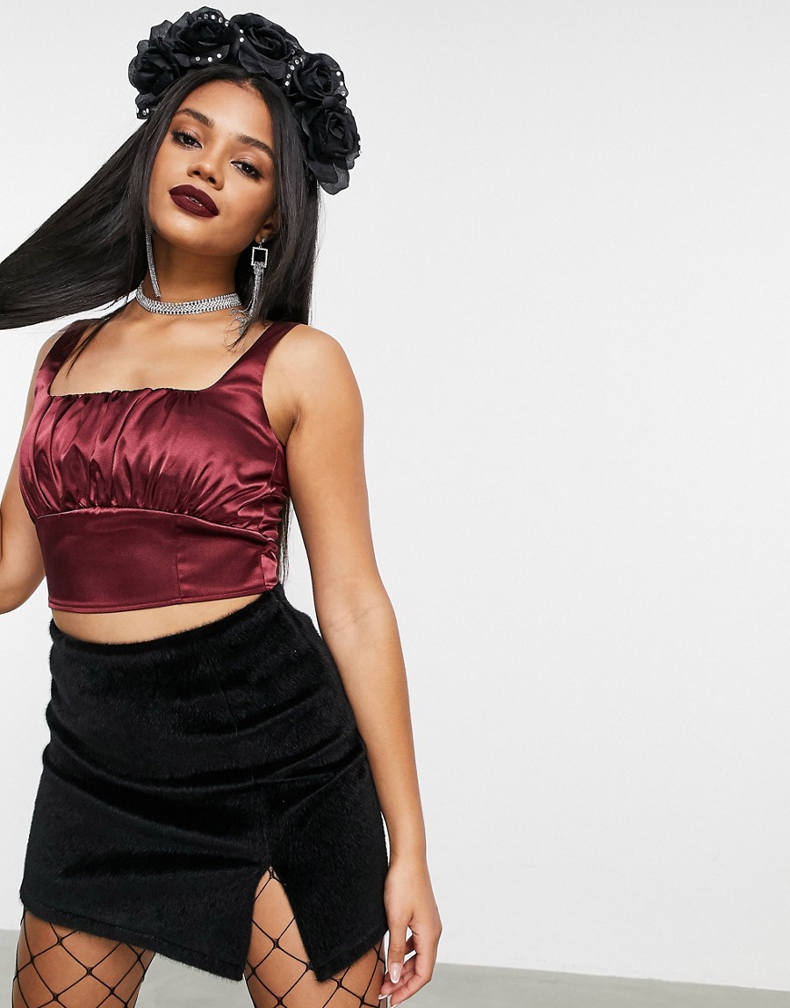 ASOS DESIGN satin crop top with ruched bust detail-No Color
